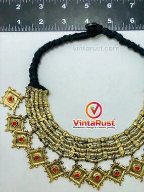 Vintage Tribal Choker Necklace: Afghani Boho Jewelry with Glass Stones